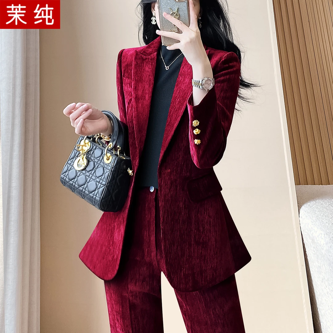 时尚洋气女红色漂亮御姐气质女神范职业工作服加厚丝绒西装高级感