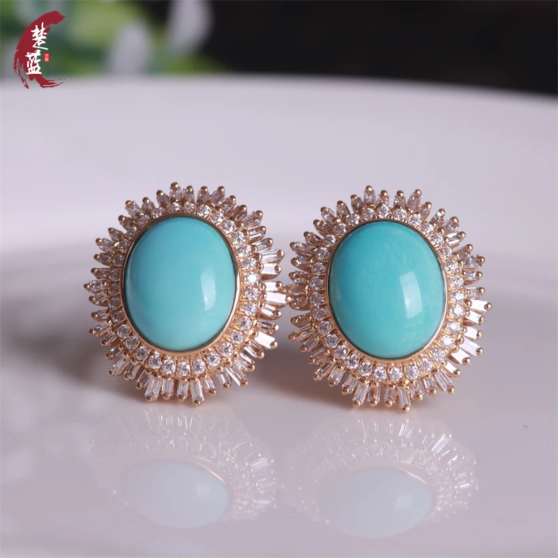 绿松石耳钉精品高瓷蓝戴妃款18k金镶嵌原矿精美气质女款耳饰