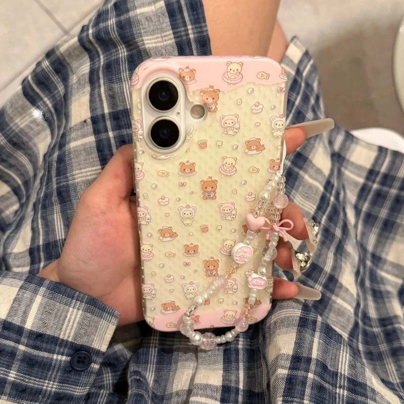 满屏磨砂波点轻松熊适用iPhone16promax手机壳苹果15pro少女14/13