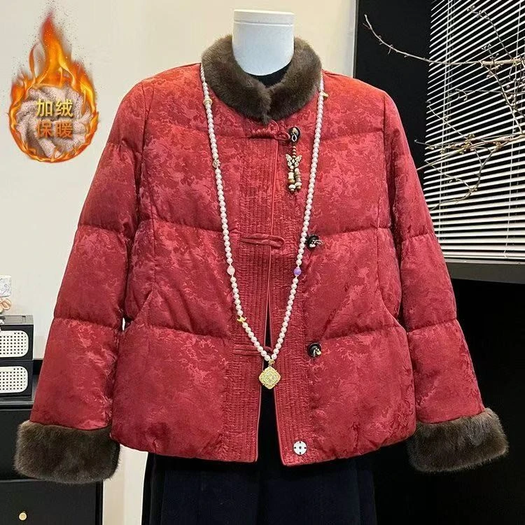 新中式妈妈国风毛领羽绒棉服冬季新款盘扣保暖喜婆婆红色外套艾