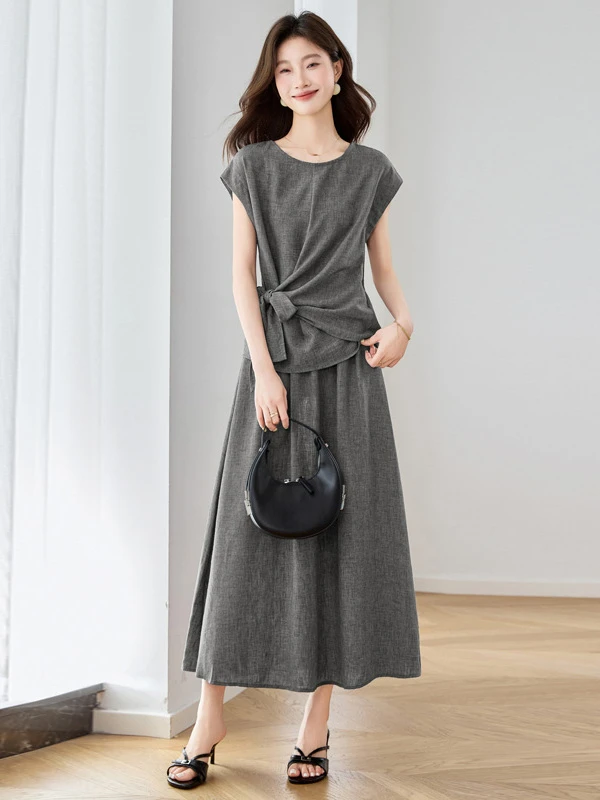 双色花麻套装女2025夏季新款高级感洋气减龄短袖上衣半身裙两件套