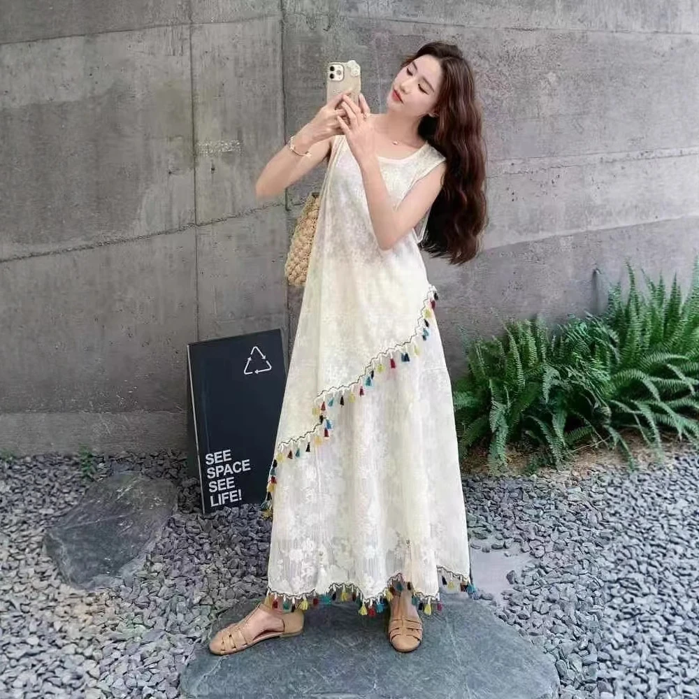 夏季新款设计感长款连衣裙日系流苏文艺复古绣花小个子无袖