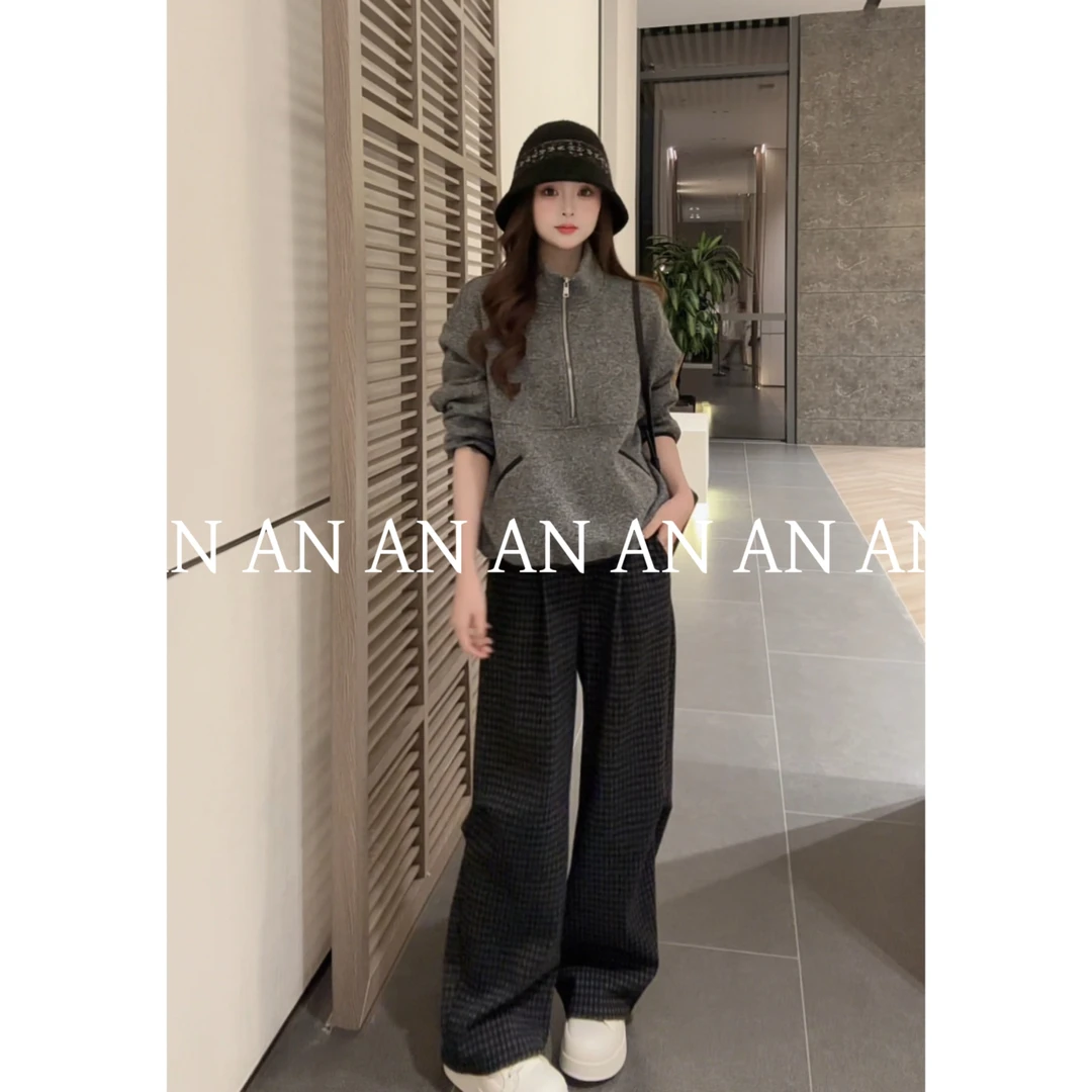 C10315冬季新款韩系潮流宽松慵懒风时尚口袋半拉链加绒卫衣