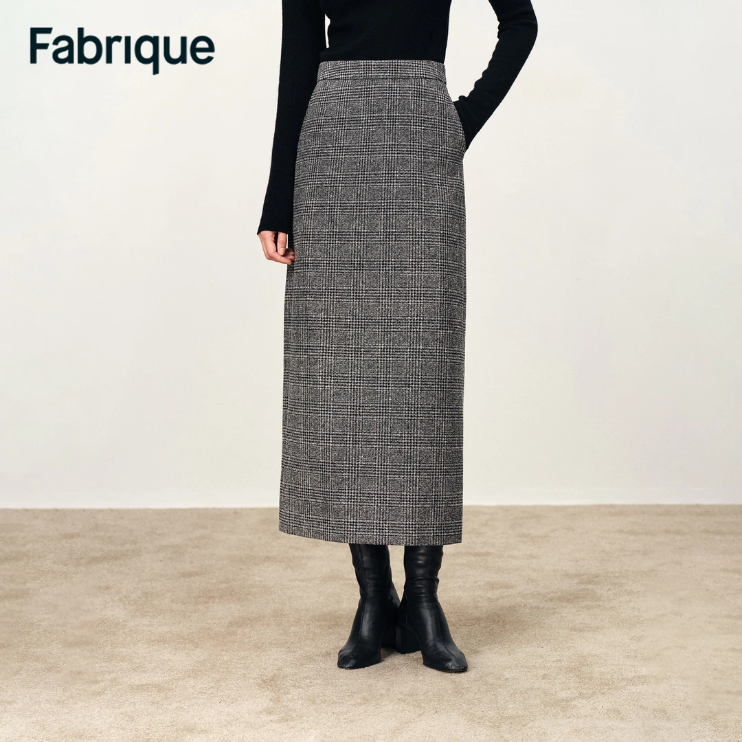 Fabrique Lola 秋冬新品威尔士格纹绵羊毛桑蚕丝法式复古直筒半裙