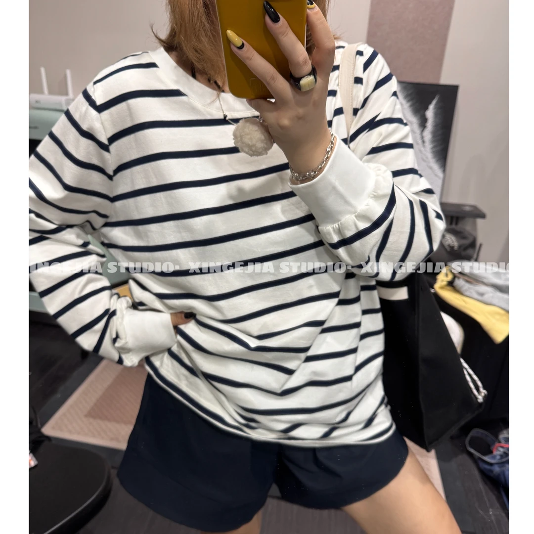 「欣哥」微胖大码 夏日“韩系条纹”正肩长袖防晒T