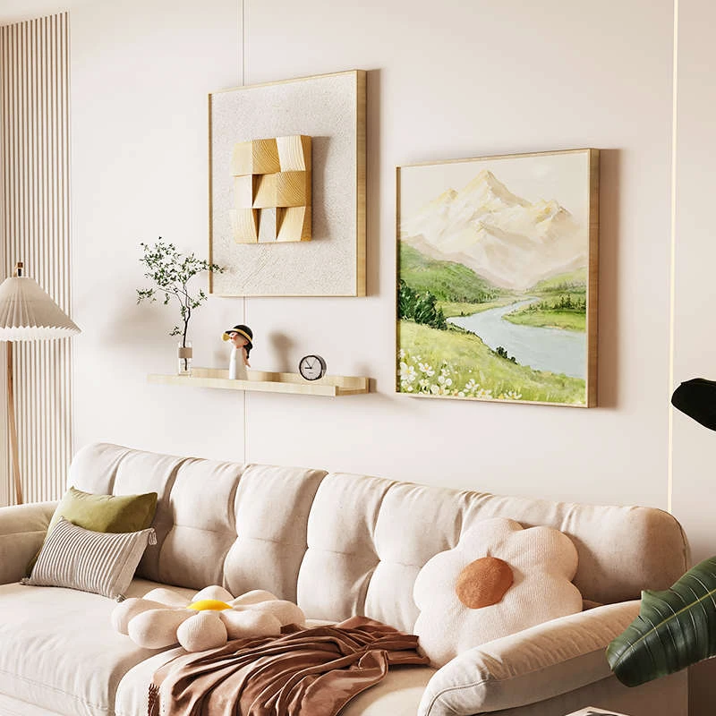 日照金山北欧原木风客厅装饰画立体木块沙发背景墙挂画置物架壁画