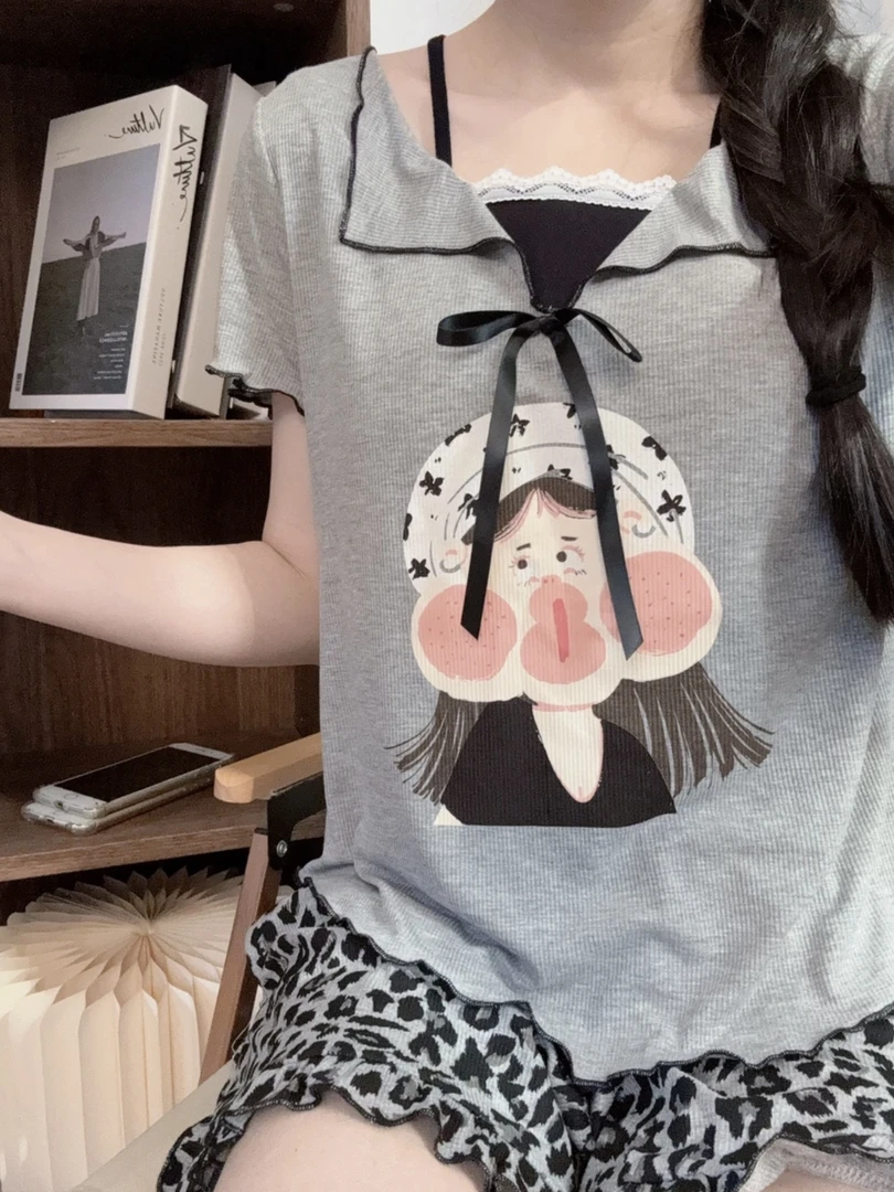 莫代尔睡衣女夏季短袖短裤少女豹纹腮红女孩带胸垫可外穿家居服