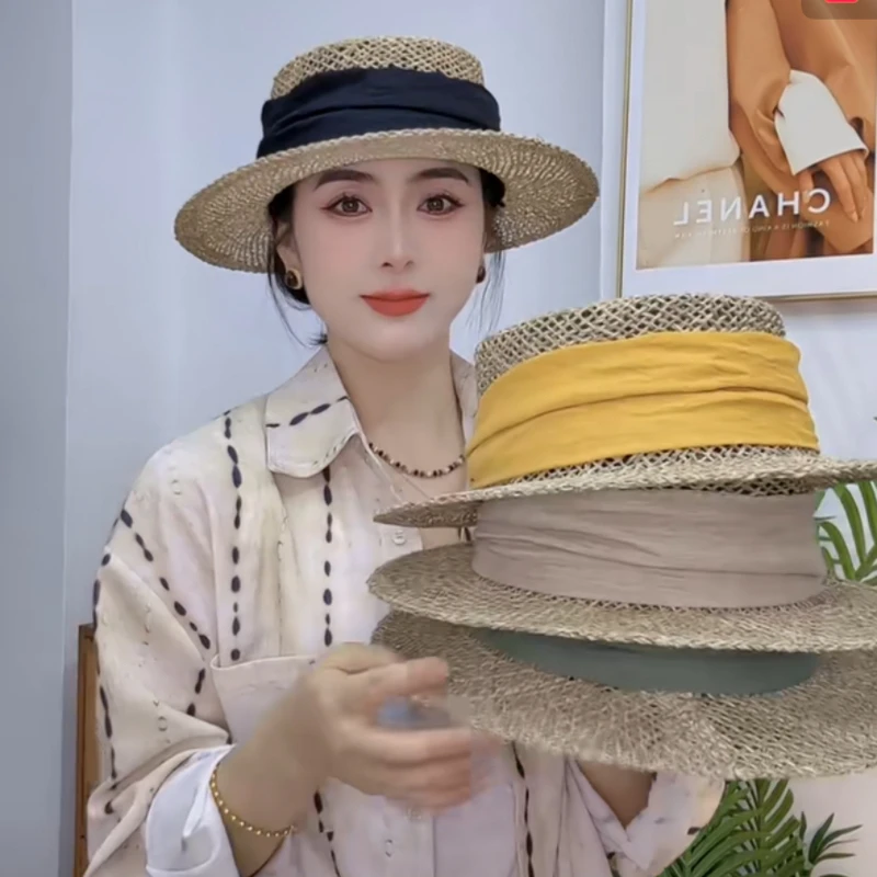 法式复古咸海草镂空编织小帽檐平顶礼帽男女夏季时尚出游短檐草帽