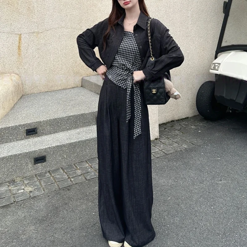 港风复古时髦套装女2026年春秋新款格子吊带衬衫外套阔腿裤三件套