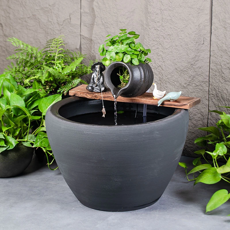 陶瓷大缸古法养鱼缸客厅阳台落地金鱼缸陶罐循环流水造景老式水缸