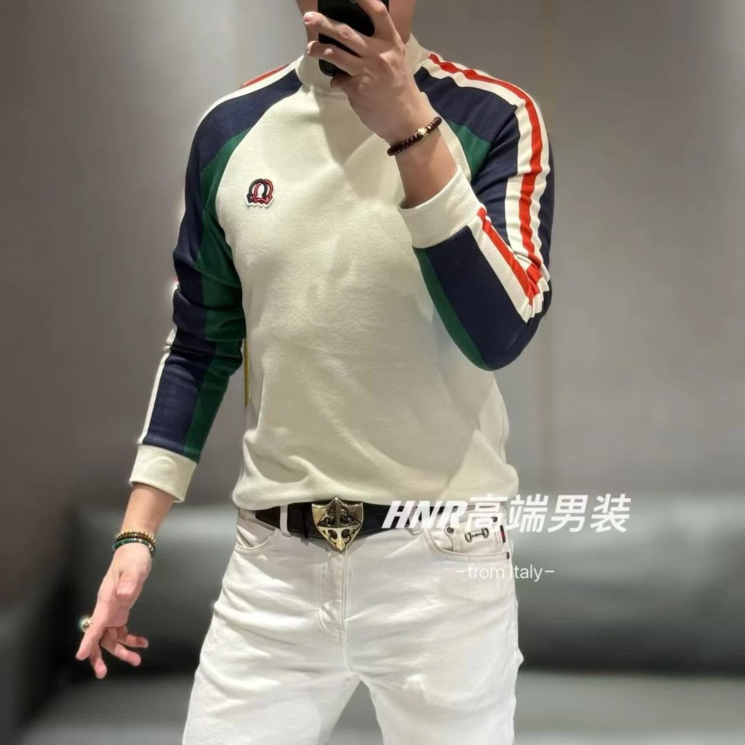 【石墨烯聚热锁温】撞色设计胸标时尚百搭男士长袖T恤795