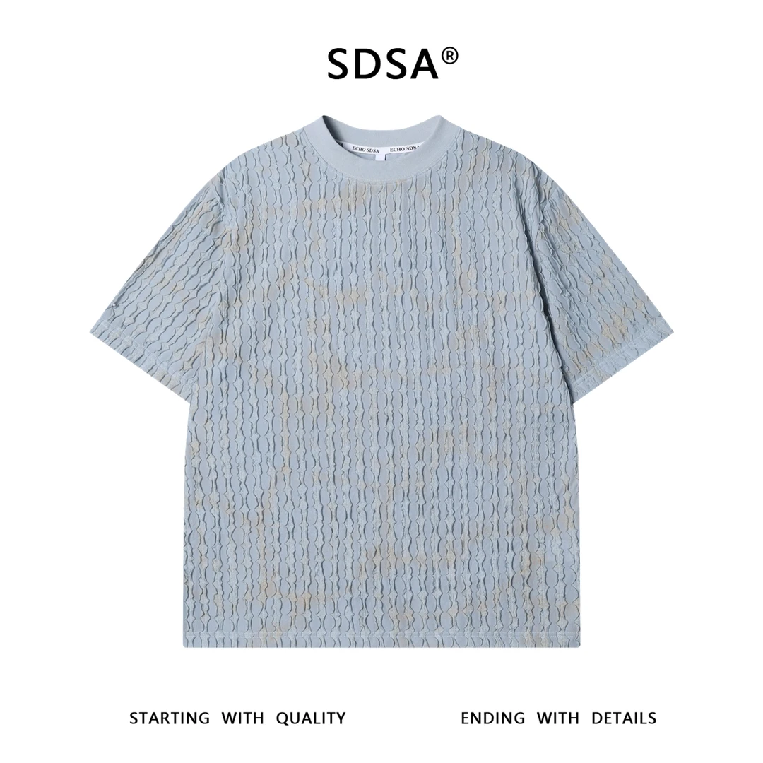 夏季高级感新款美式设计感扎染条纹卷边圆领短袖T恤百搭时尚上衣