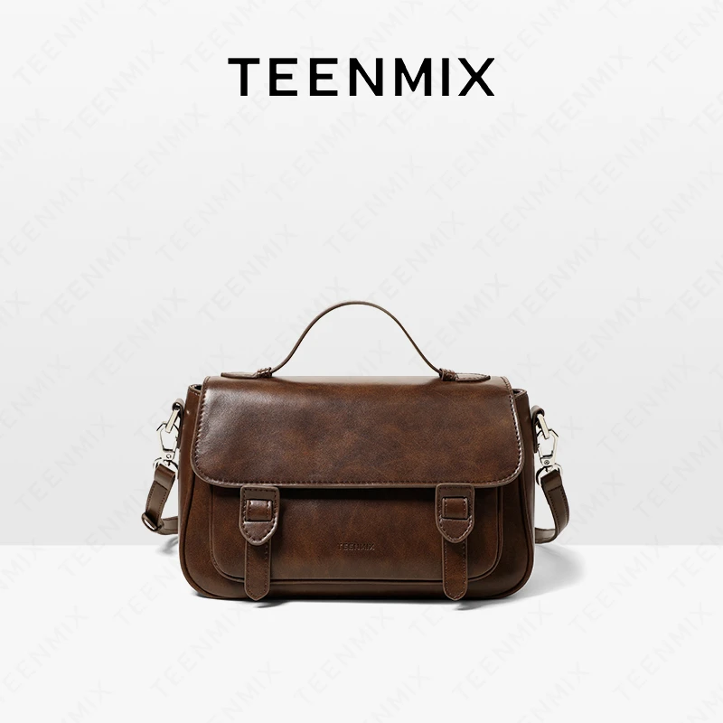 天美意女包2025新款流光风牛皮邮差包斜挎手拎真皮复古通勤手提包