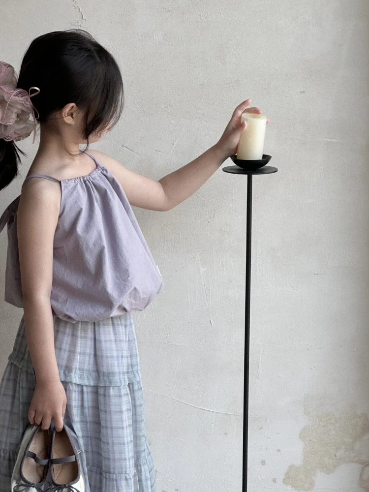 「梦幻薰衣草」 系带无袖灯笼上衣 格子半身裙套装