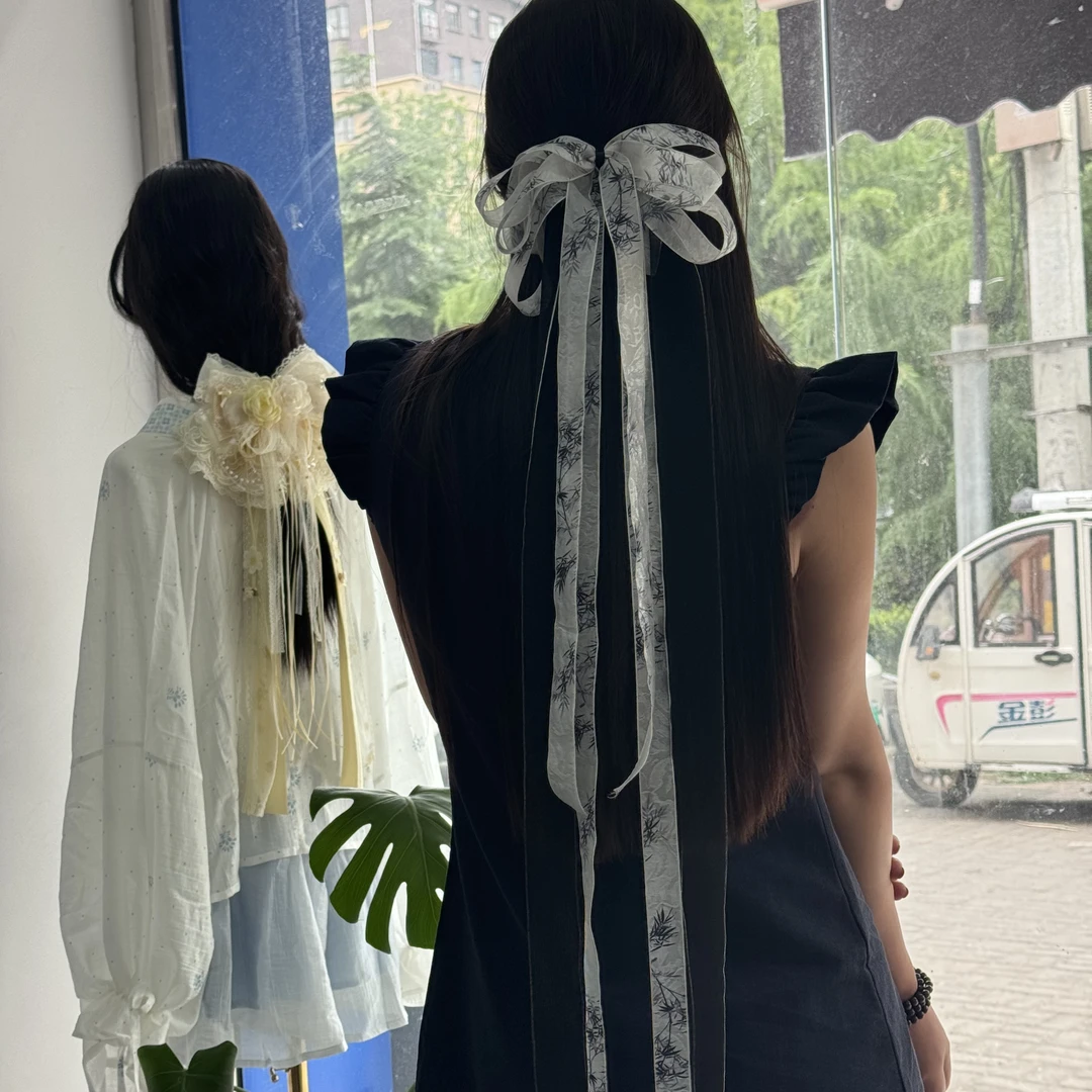 黑白水墨飘带蝴蝶结发夹古风汉服洛丽塔甜美氛围感头饰