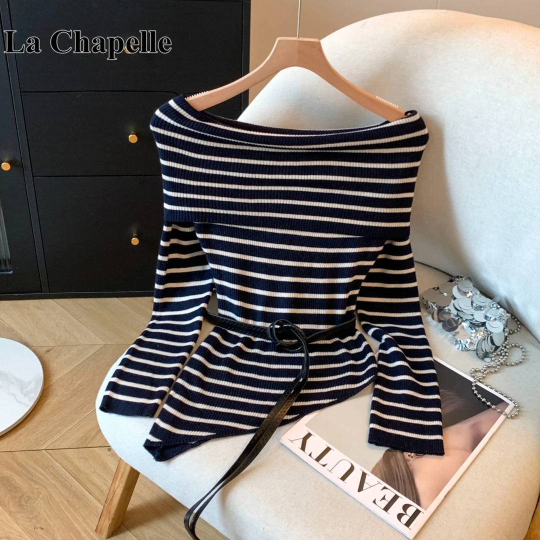 拉夏贝尔秋冬季新韩系穿搭时尚露肩针织衫纯欲风显瘦一字肩毛衣女