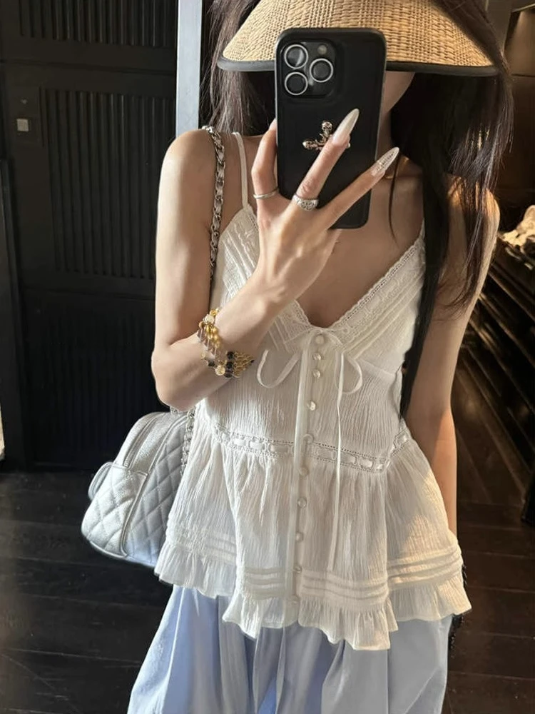白色蕾丝V领吊带背心女夏纯欲高级感收腰显瘦小个子无袖雪纺上衣