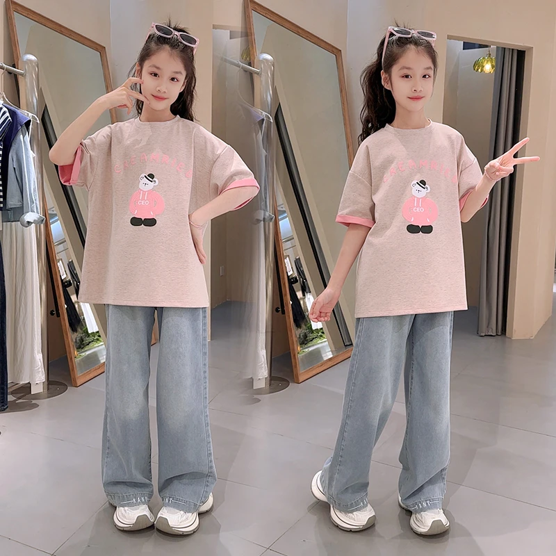 女童洋气短袖夏季2025新款儿童上衣夏装牛仔裤大童女孩童装