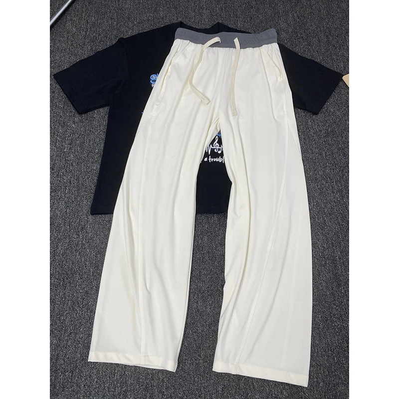 假两件斜切弯刀冰丝裤男夏季薄款cleanfit凉感裤子宽松直筒阔腿裤