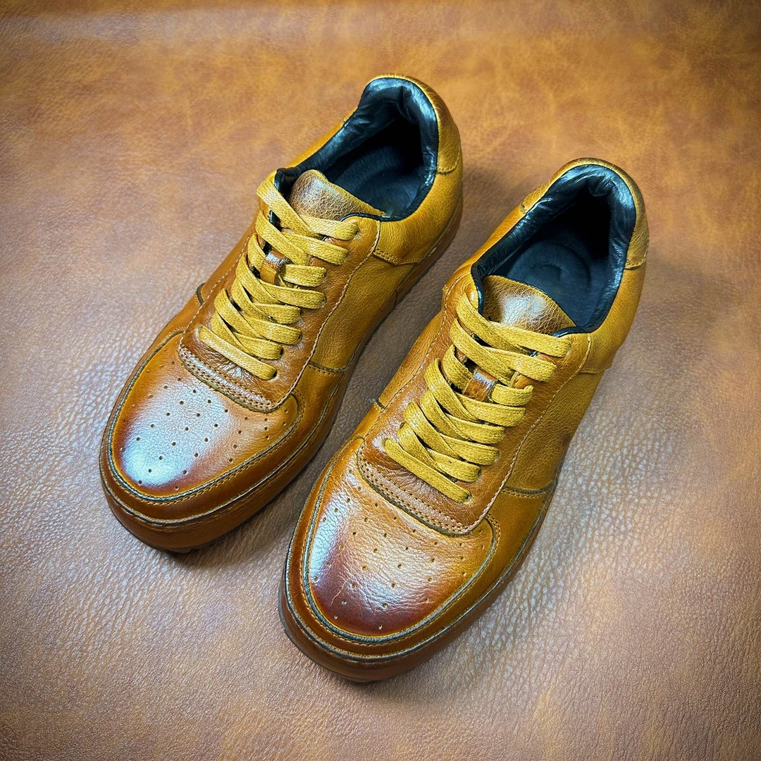 四季经典 复古真皮圆头低帮休闲手工做旧厚底日系板鞋男鞋牛皮鞋