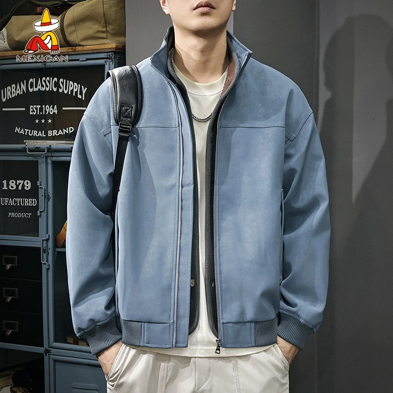 Mexican/稻草人美式潮牌长袖PU皮衣男款春季简约休闲百搭做旧夹克