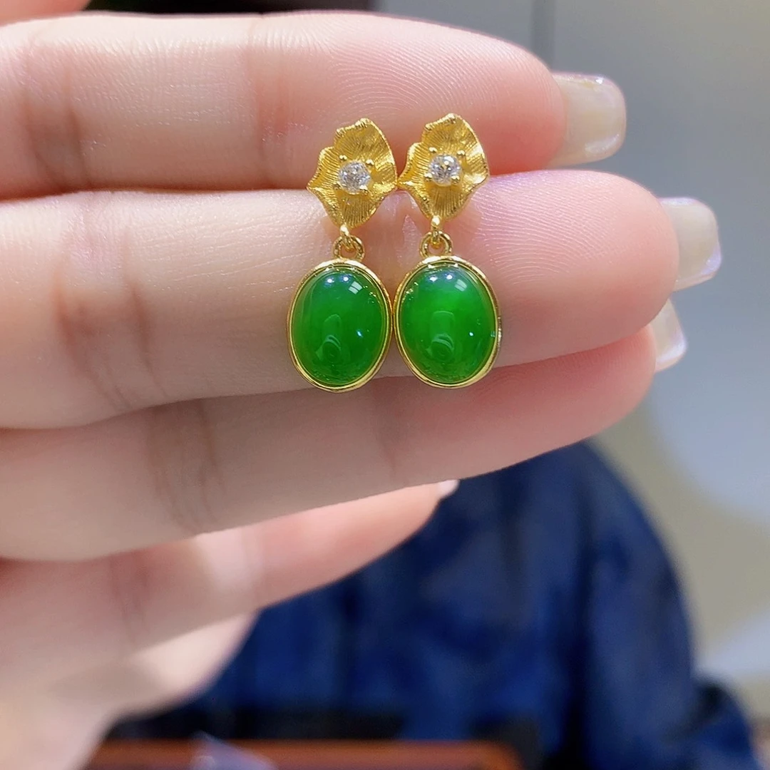 和田玉（碧玉）银S925镀金镶嵌耳饰