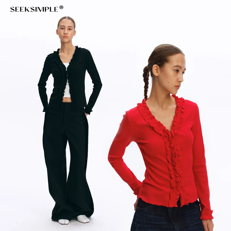 【SEEKSIMPLE】V领立体花边修身针织开衫