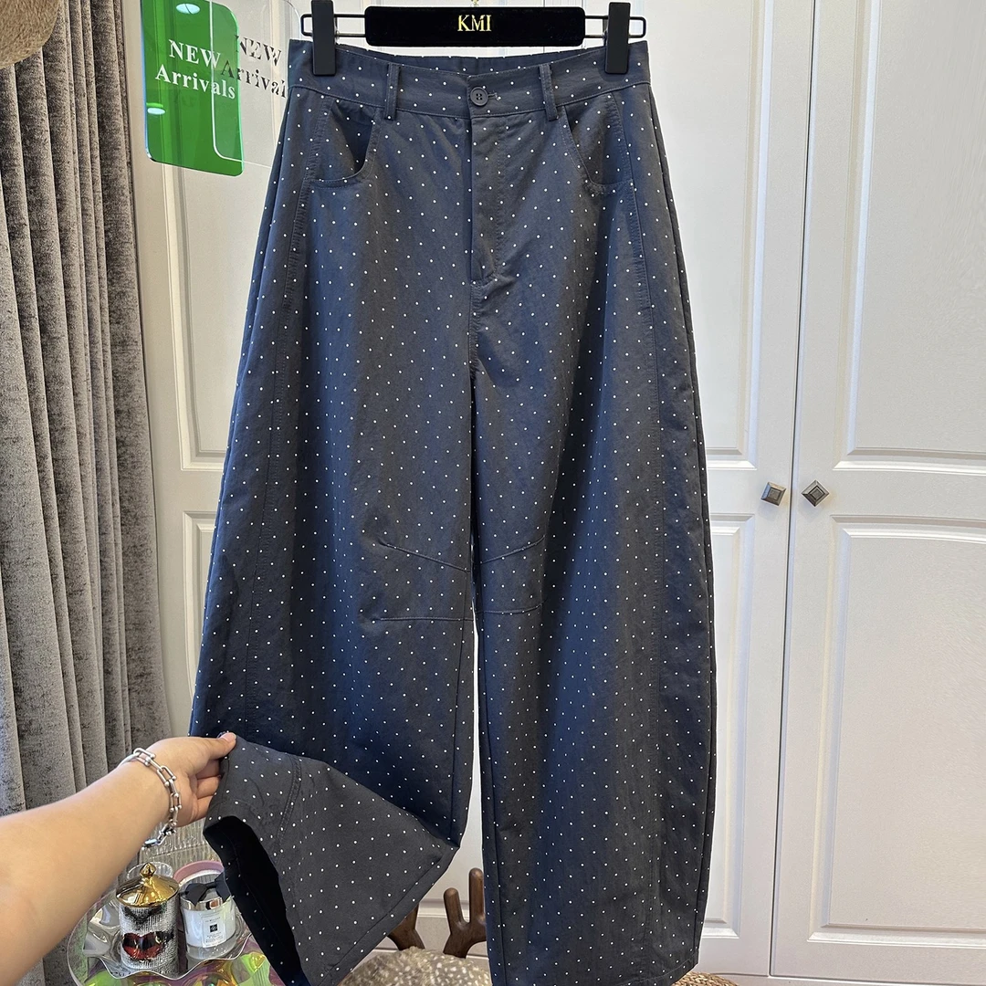 大码女装胖mm240斤今年流行高腰波点休闲裤女洋气百搭弯刀阔腿裤