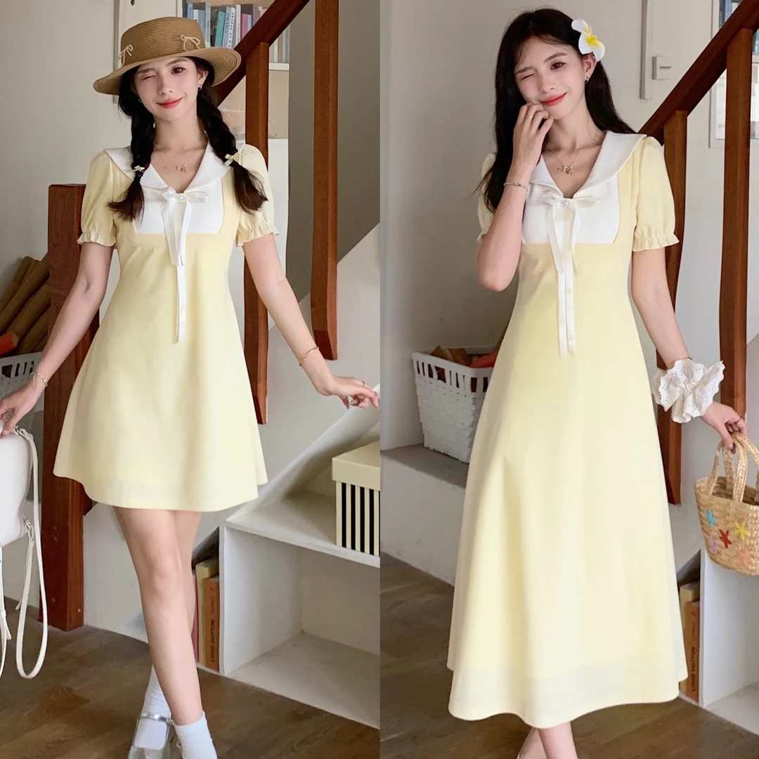 【现货】夏季新款法式V领系带淑女大码显瘦娃娃领短袖连衣裙9236