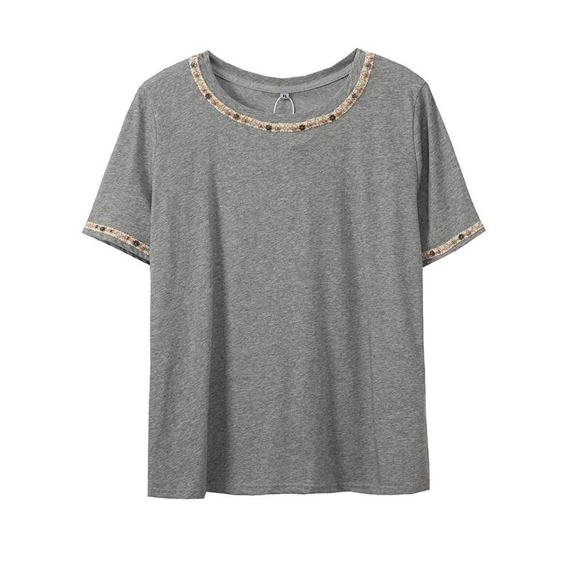 大码女装波西米亚织带短袖t恤女2025新款夏季宽松显瘦上衣222403
