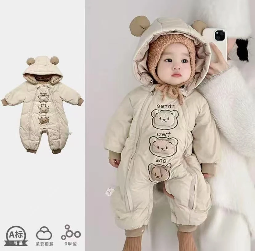 【企】婴幼儿冬季加绒加厚三只小熊冬季男宝连体衣婴儿宝宝秋冬衣服