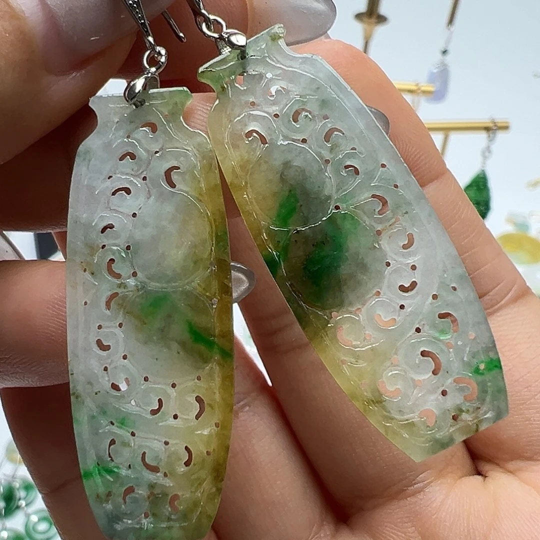 翡翠银S925镶嵌耳饰天然缅甸A货翡翠