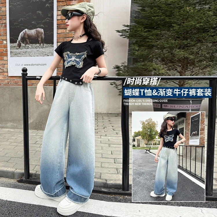 女童2025夏季新款时尚蝴蝶短袖T恤洋气休闲渐变牛仔裤两件套潮酷