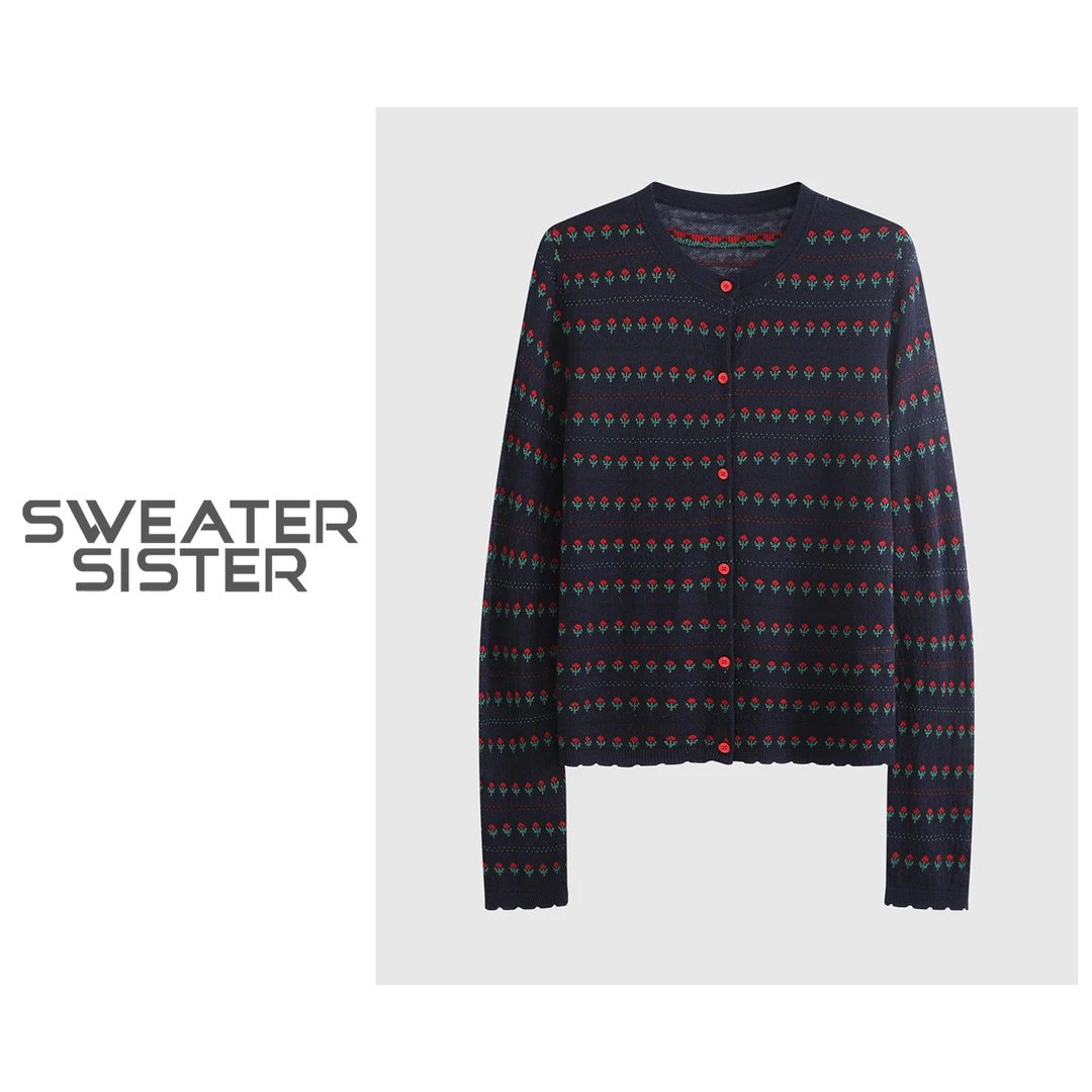 韩版氛围小花圆领长袖开衫柔软舒适针织衫女238-1875