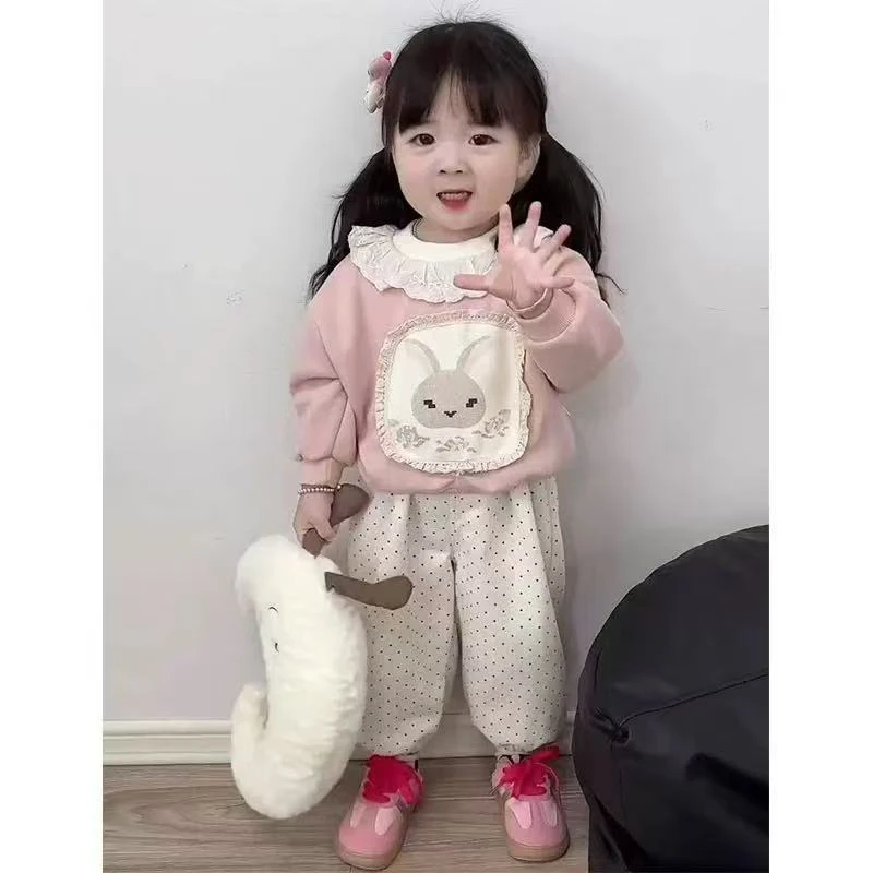 甜美韩系女宝2025新款春秋花边卡通兔子卫衣波点裤套装ZS-X-A33