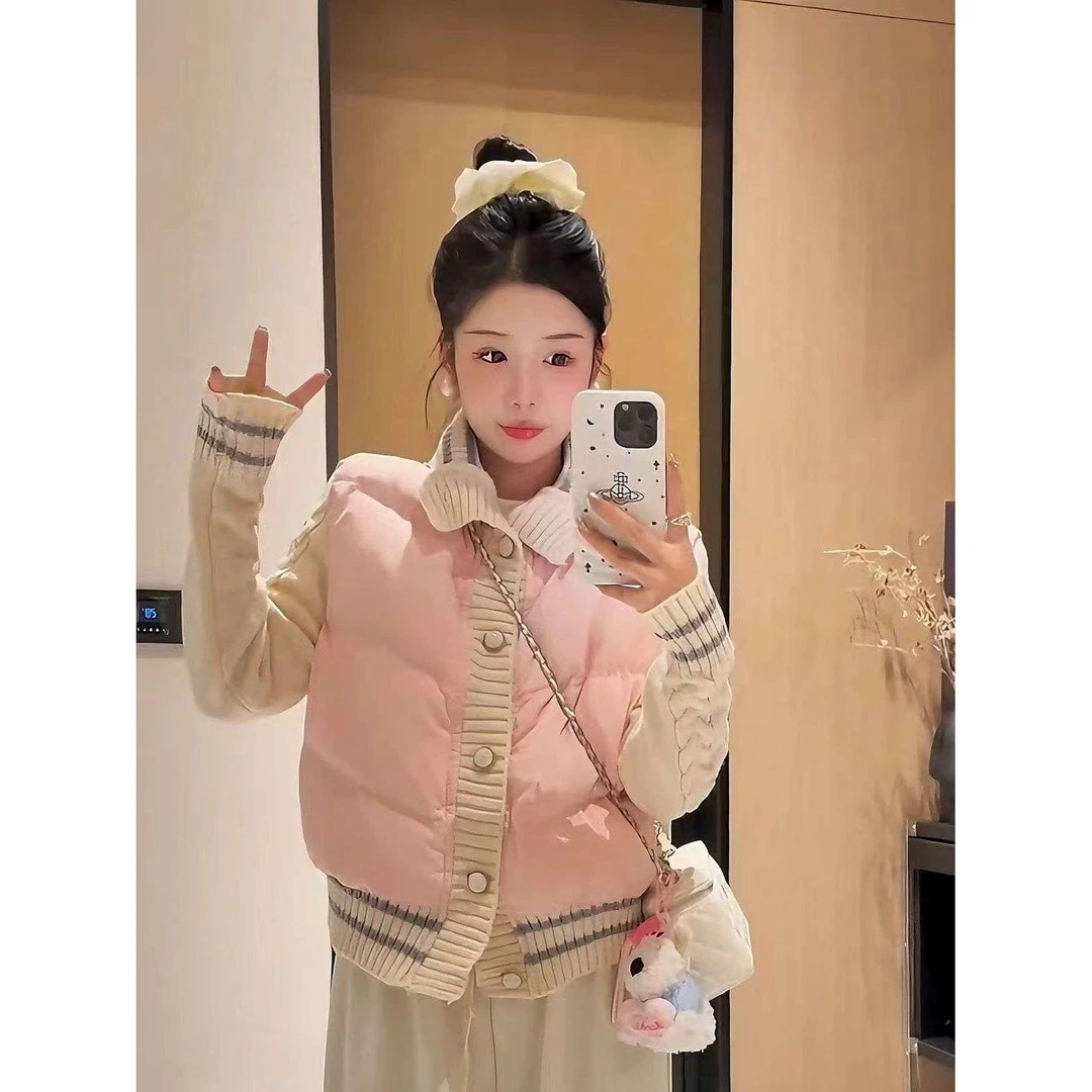 冬季小香风别致粉色拼接针织棉服外套女甜美休闲轻薄立领棒球棉袄