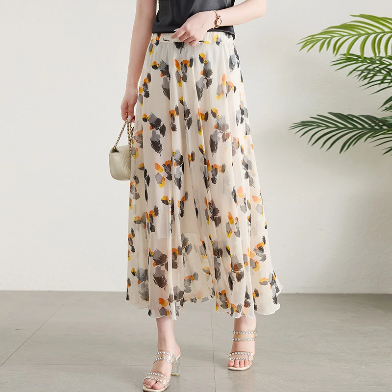 真丝水墨画碎花半身裙女2025夏时尚印花高级感松紧腰桑蚕丝A字裙