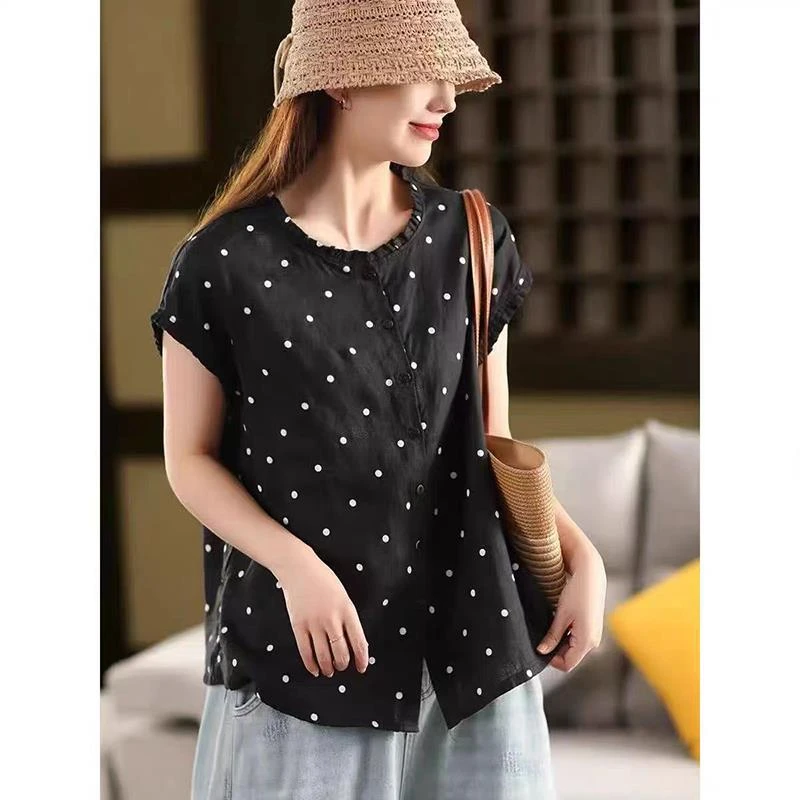气质木耳边棉麻衬衫女2025夏季新款减龄宽松百搭小众波点衬衣开衫