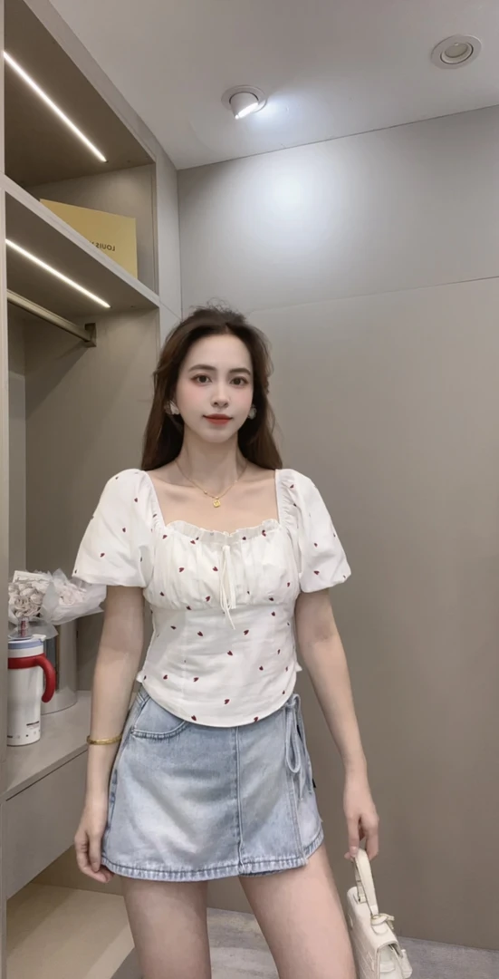 敏敏推荐【女神降临】甜辣妹短款纯欲一字肩泡泡短袖衬衫25699