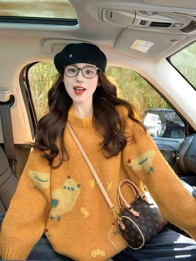 【小黄鸡】橘色毛衣女2025新款秋冬季加厚复古高级感韩系针织衫