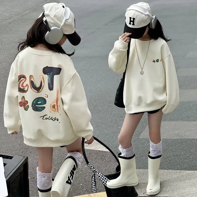 女童中大童圆领长袖卫衣时髦洋气卡通印花加绒加厚高级感儿童上衣