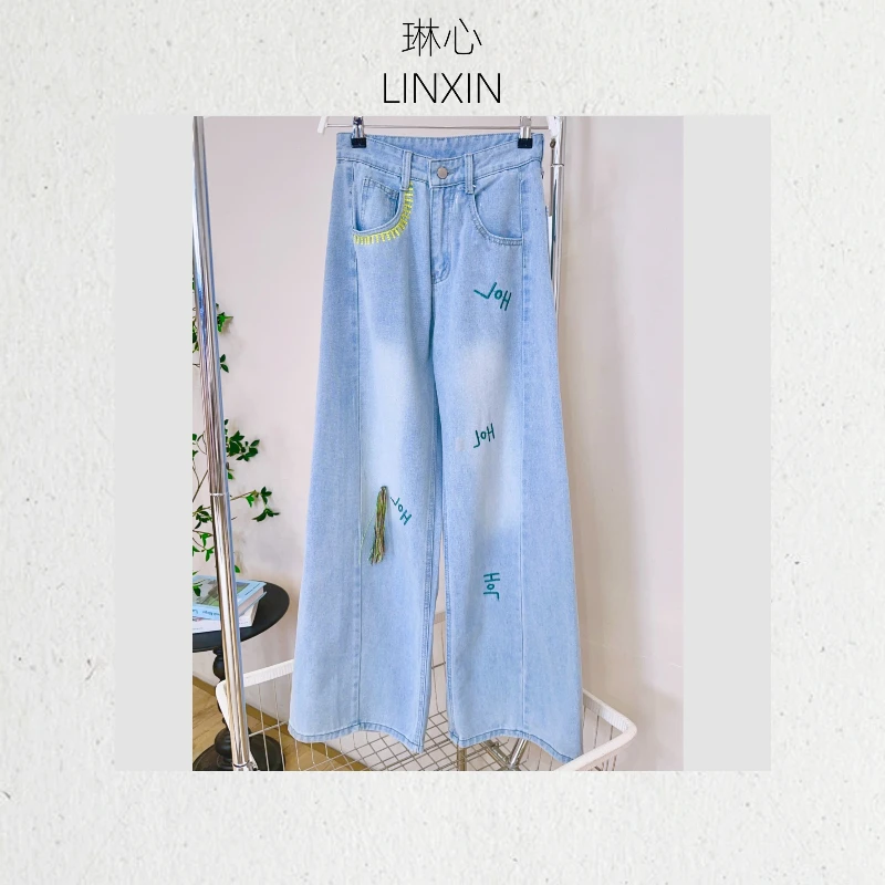 丨春季新款时尚休闲百搭刺绣蓝色宽松牛仔裤 JMZ0930