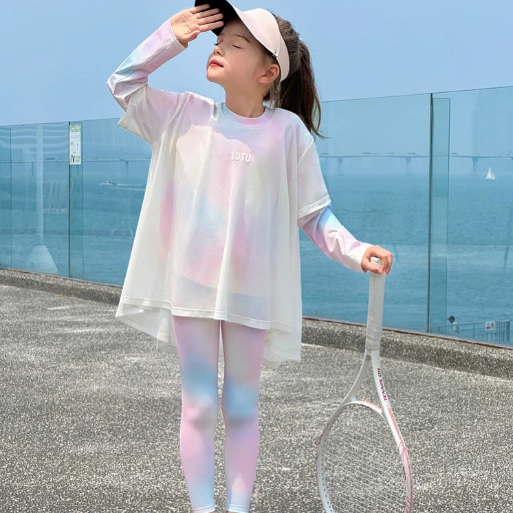 【UPF50+凉感彩虹扎染防晒套装】女童夏季防晒衣防晒衫打底裤两件套