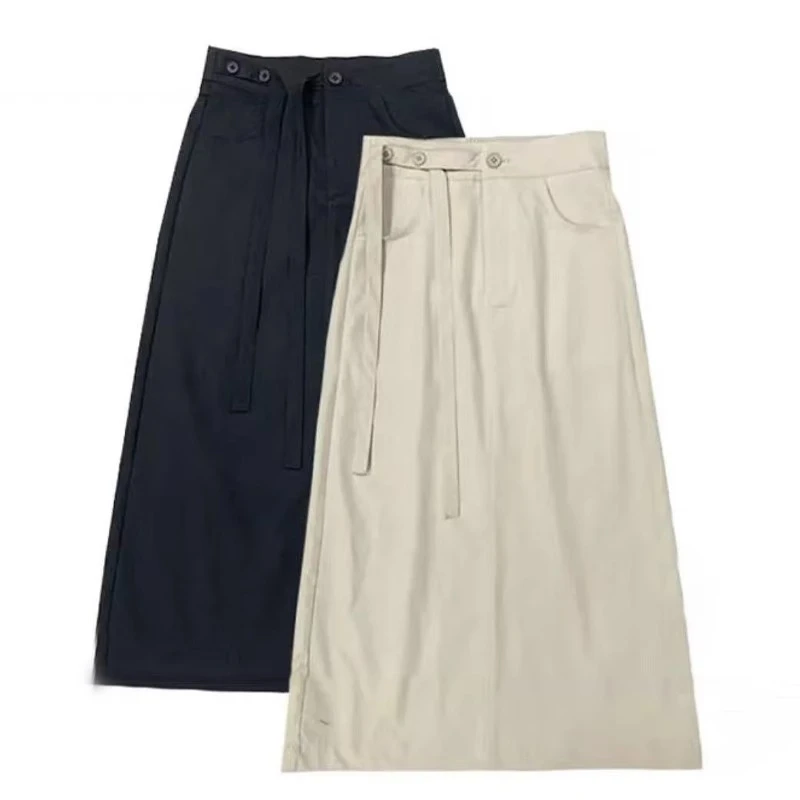 2025新款【飘带设计】夏季通勤高腰修身后开叉系带直筒半身裙中长款