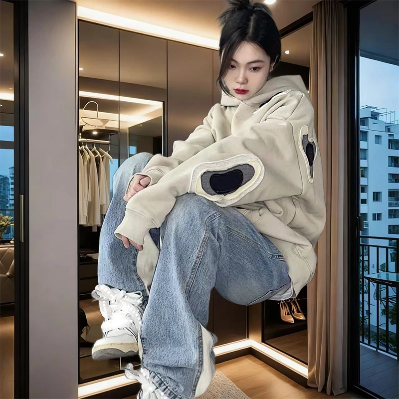 加绒大码300斤贴布绣连帽卫衣男女设计感情侣宽松校园风上衣潮流