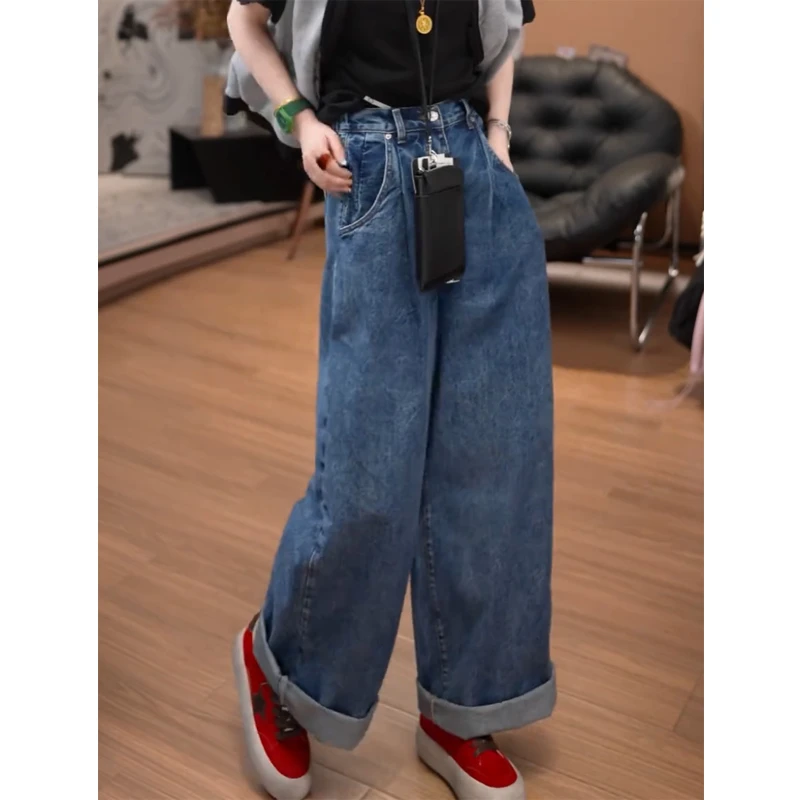 艾塔莉显瘦蓝色宽松牛仔裤女春季新款胖mm遮肉时尚小众阔腿直筒裤