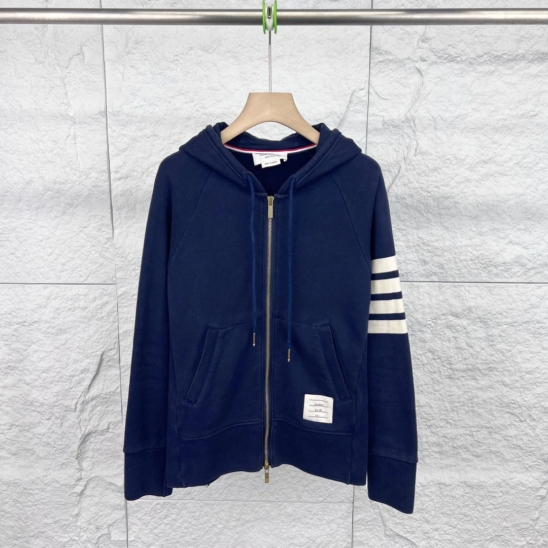 99新 THOMBROWNE 2码/深蓝色四条纹袖标拉链连帽卫衣/15931103
