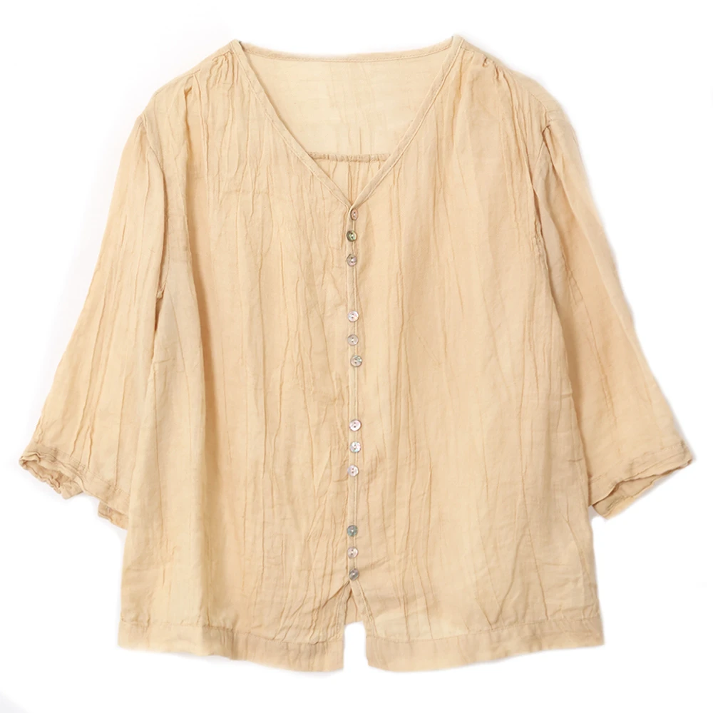 棉叙夏季新款V领绉麻开衫女士文艺复古薄款纯色上衣外套15830