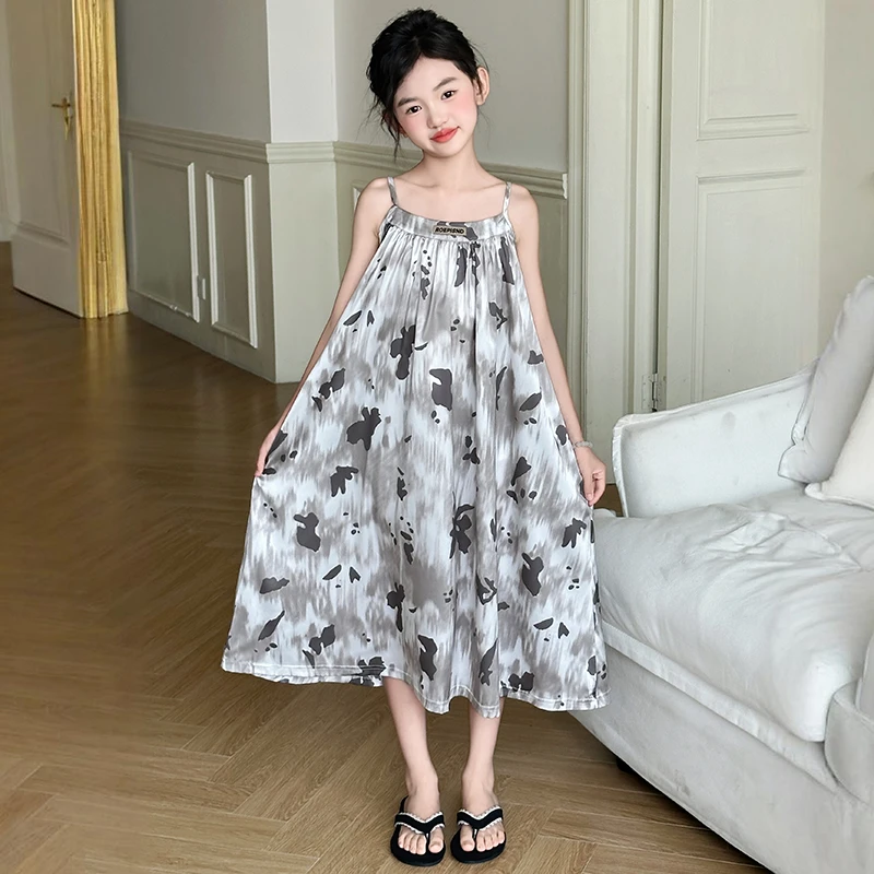 儿童夏季吊带睡裙女孩薄款无袖家居裙女孩新款中大童冰丝睡衣长裙