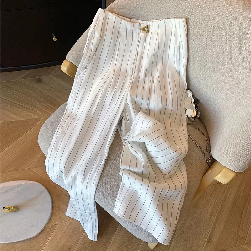 慵懒风黑白条纹亚麻阔腿裤女春季新款宽松显瘦高腰直筒休闲裤子女